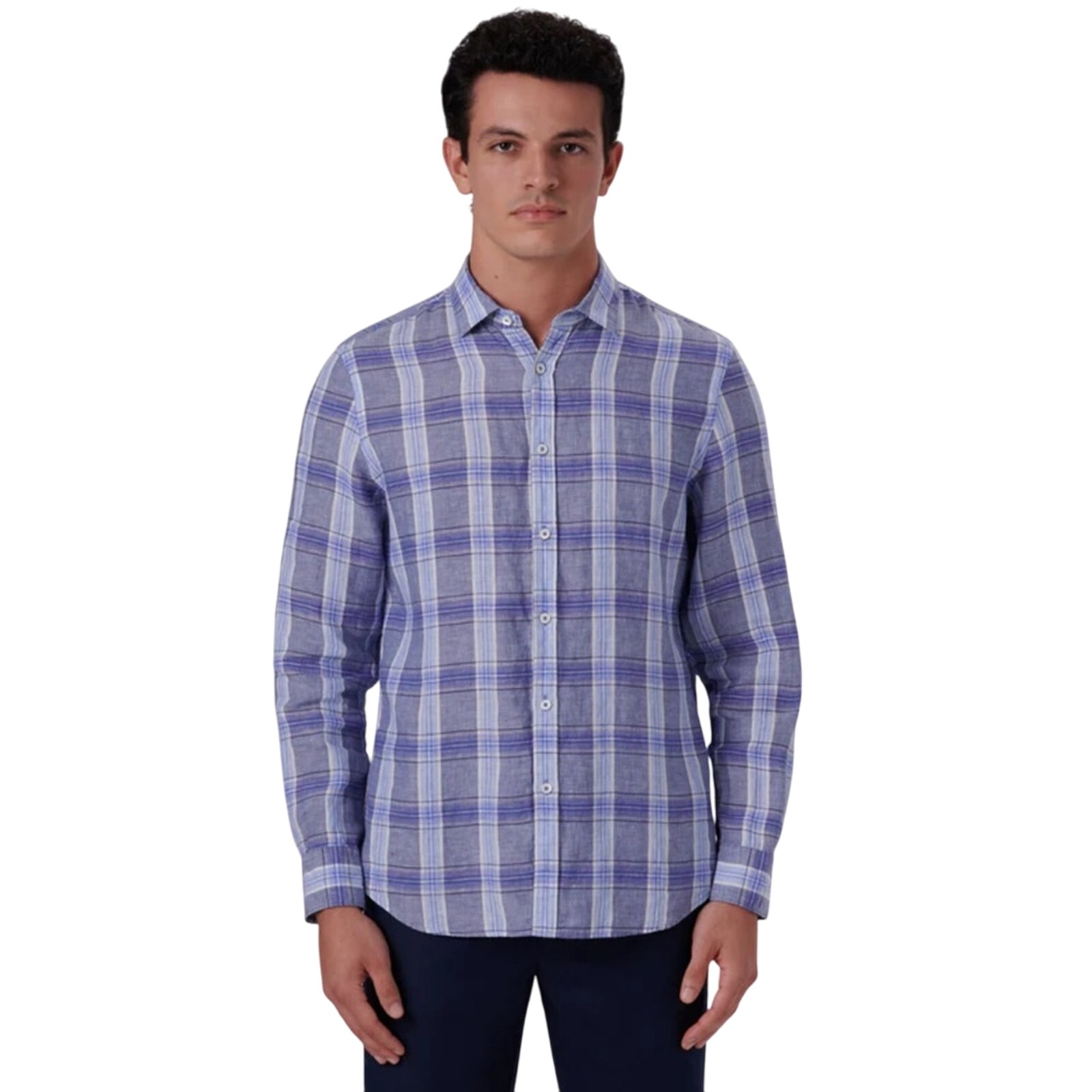 Bugatchi Julian Plaid Check Linen Shaped Fit Classic Blu Gray Shirt Size M